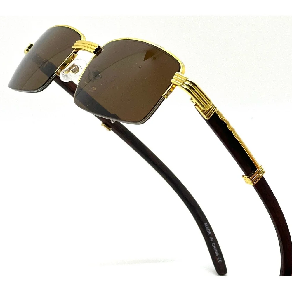 Rectangle Sunglasses Gold Frame Dark Brown Lens Wood Arms Men Buffs Trendy New‎